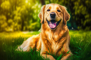 painting of golden retriever laying in the grass. Generative AI.