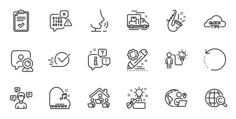 Outline set of Binary code, Business idea and Outsource work line icons for web application. Talk, information, delivery truck outline icon. Vector