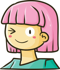 Cute girl with pink hair cartoon illustration winking