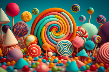 Fototapeta na wymiar bunch of candy land with lots of different colored lollipops. Generative AI.