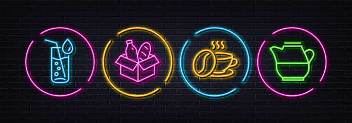 Food donation, Coffee cup and Water glass minimal line icons. Neon laser 3d lights. Milk jug icons. For web, application, printing. Charity meal, Roasted bean, Soda drink. Fresh drink. Vector