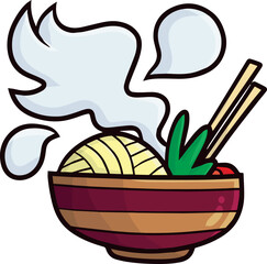 Yummy hot noodle in brown bowl cartoon illustration