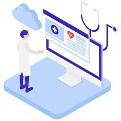 電子カルテと医師のアイソメトリックイラスト