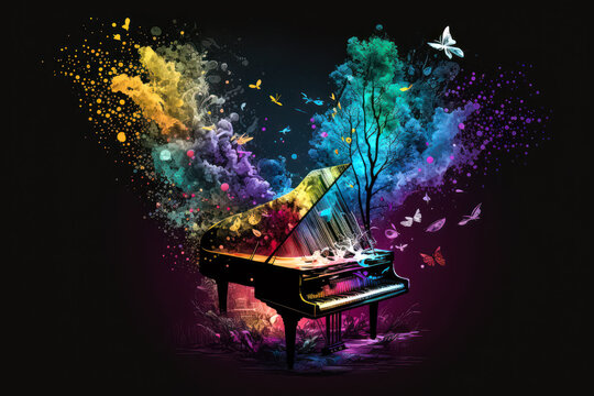 grand piano with colorful smoke coming out of it. Generative AI.