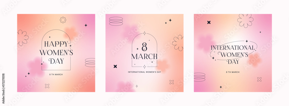 Wall mural 8 March. International Women's Day banner, set greeting card. Trendy gradients, blurred shapes, typography, y2k. Social media stories templates. Vector illustration for mobile apps, banner design.