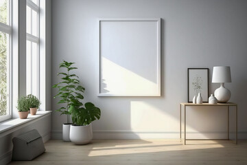 Room with plant and picture frame on the wall. Generative AI.
