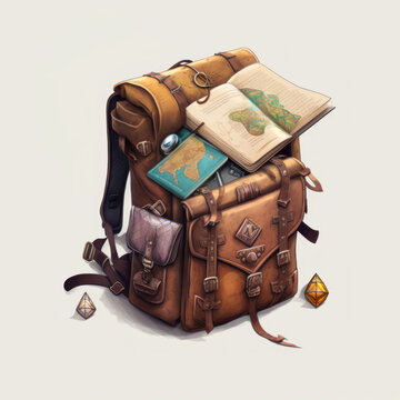Drawing of backpack with map on top of it. Generative AI.