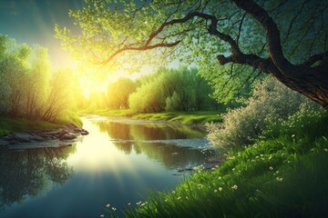 Spring scenery with the sun beautifully illuminating the river made with Generative AI