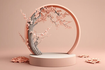 Spring cherry blossom product display podium for natural product. Empty scene with sakura branch. Generative ai - obrazy, fototapety, plakaty