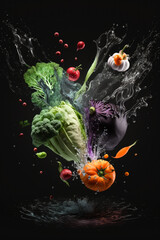 Obraz na płótnie Canvas Bunch of vegetables are splashing into the water. Generative AI.