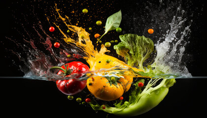 Obraz na płótnie Canvas Group of fruits and vegetables splashing into the water. Generative AI.