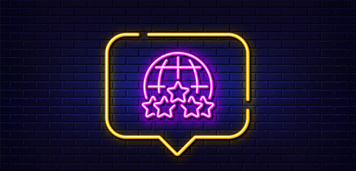 Neon light speech bubble. Global business line icon. Outsourcing rating sign. Stock-market rank symbol. Neon light background. Rating stars glow line. Brick wall banner. Vector