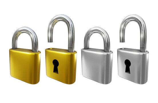 3d rendering of gold and silver padlocks locked and unlocked from perspective view angle
