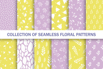 Collection of bright color seamless floral patterns - drawing design. Repeatable spring nature delicate backgrounds with branches and flowers. Textile endless prints.