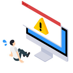 パソコンのエラーに驚く男性のアイソメトリックイラスト