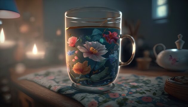  a glass cup with a painting on it sitting on a table.  generative ai