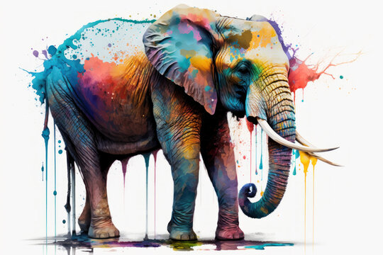 Colorful elephant standing in front of white background. Generative AI.