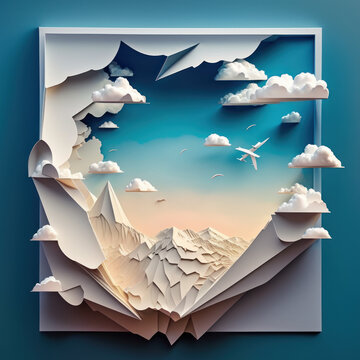 Paper cut of mountain and clouds. Generative AI.