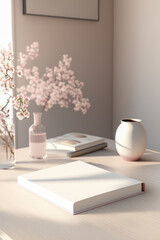 Desk with an open book and vase of flowers. Generative AI.