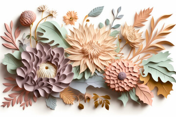Paper cutout of flowers and leaves on white background. Generative AI.
