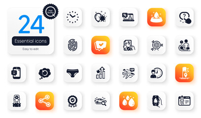 Set of Business flat icons. Water bowl, Share and Fingerprint elements for web application. Start business, Working hours, Inspect icons. Flag, Approved, Target elements. Search car. Vector
