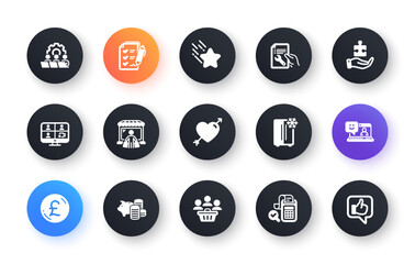 Minimal set of Buyers, Smile and Falling star flat icons for web development. Refrigerator, Piggy bank, Teamwork icons. Survey checklist, Video conference, Market buyer web elements. Vector