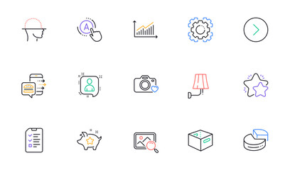 Developers chat, Seo gear and Food order line icons for website, printing. Collection of Star, Pie chart, Graph icons. Loyalty points, Search photo, Ab testing web elements. Vector