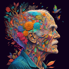 An old man with colorful flowers in his head. Generative AI.