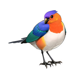 Colorful and tropical bird, sparrow illustration with purple, orange and blue feathers