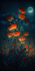 Poppies in field at night with the moon in the background. Generative AI.