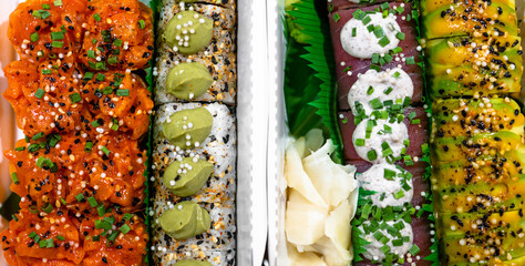 Mixed Set of Various Assorted Maki Sushi with Salmon, Tuna Fish, Caviar, Avocado