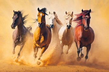 Group of horses running in the dirt. Generative AI.