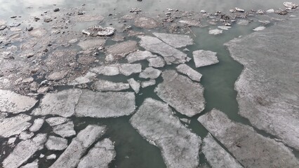 Frozen ice formation on Lake Erie in Buffalo, NY after Winter blizzard storm extreme weather event
