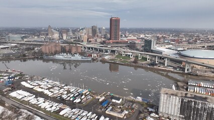 Landscapes of Buffalo, NY city on Great Lake Erie after extreme Winter weather with snow blizzard conditions 