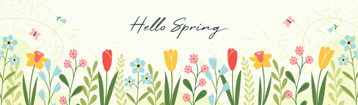 Hello Spring! Vector horizontal spring banner. Floral green background. Tulips, colorful spring flowers and branches with leaves. Handwritten lettering.