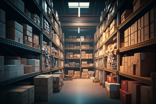 An image of warehouse with many boxes. Generative AI.