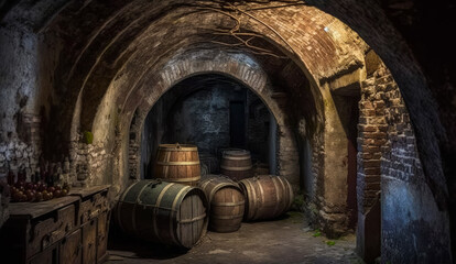 Plakat An old wine cellar with barrels in it. Generative AI.