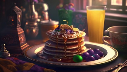 Mardi Gras morning with pancakes. Illustrative style. Generative ai.