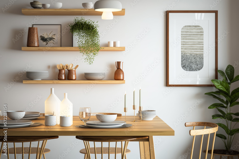 Wall mural dining room with wooden table and shelves on the wall. generative ai.