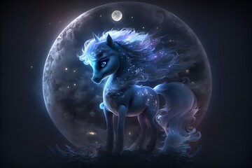 pony at moon night  created using AI Generative Technology