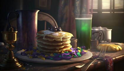 Stack of pancakes on Fat Tuesday. Mardi Gras. Illustrative style. Generative ai.