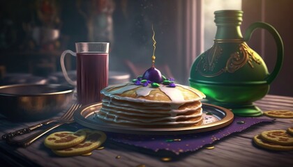 Stack of pancakes and blubbery juice. Mardi Gras. Illustrative style. Generative ai.