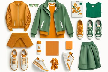 Outfit naranja y verde deportivo, set de ropa informal, vestimenta casual para el día a día primavera verano - obrazy, fototapety, plakaty