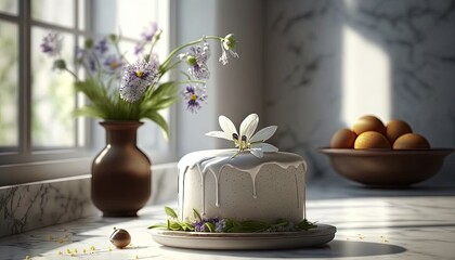  a white cake with flowers on top of it on a table.  generative ai