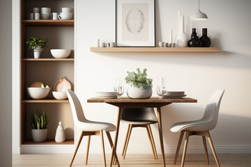 Fototapeta na wymiar Modern dining room with white walls and shelves. Generative AI.