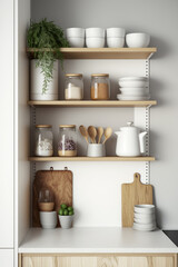Fototapeta na wymiar Kitchen shelves with pots and pans on them. Generative AI.