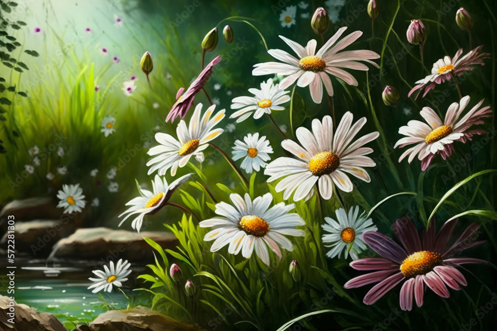 Wall mural painting of daisies and flowers by stream. generative ai.