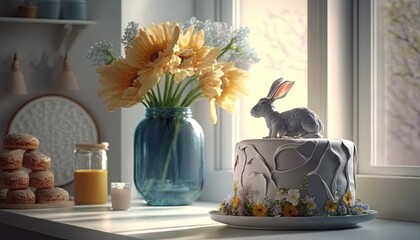  a cake sitting on top of a table next to a vase of flowers.  generative ai