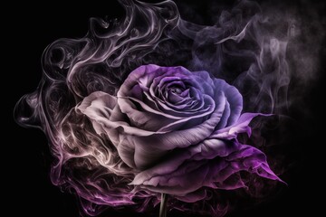 Purple rose and swirl smoke around, black background. Artistic violet color flower. Generative AI