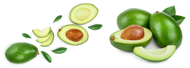 avocado and slices isolated on white background with copy space for your text. Top view. Flat lay